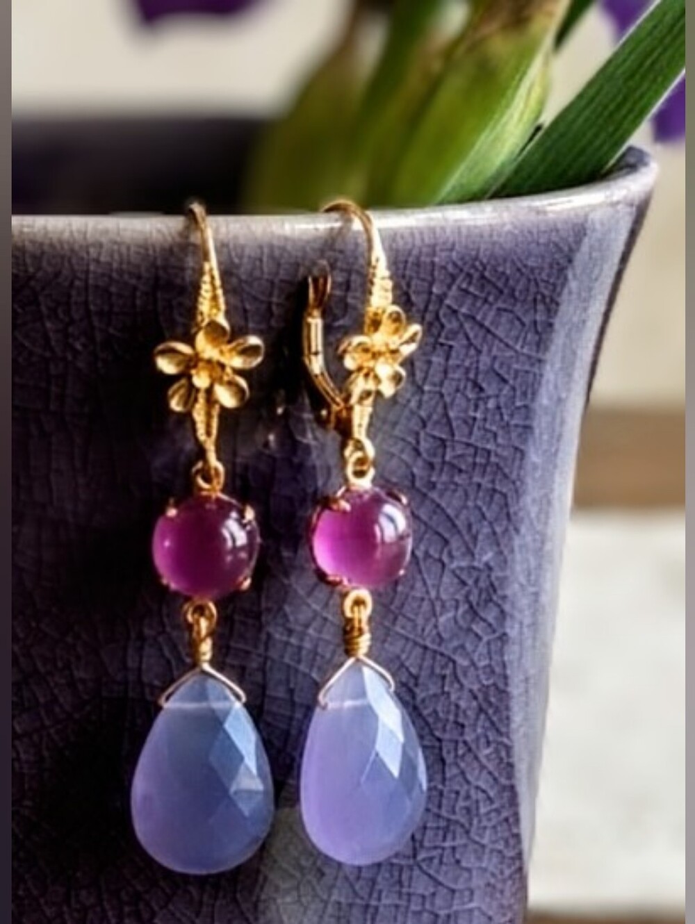 Genuine Lavender Jade & Chalcedony In Gold Plated Statement Earrings